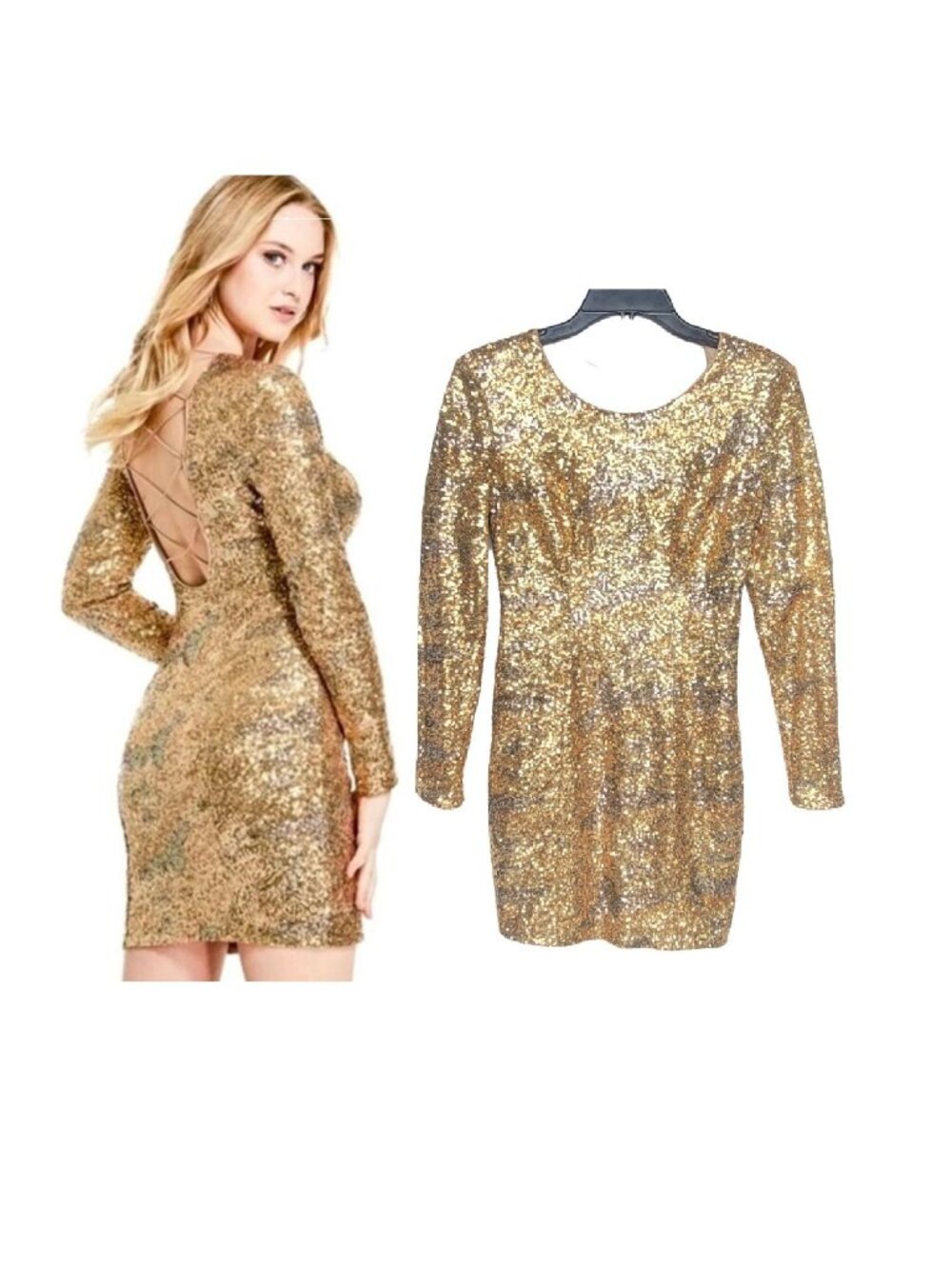 ⭐GUESS Klara Womens Sz 4 Gold Bronze Sequin Dress Elastic Cross Back Long Sleeve
